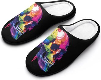 Generic Watercolor Colorful Skull Womens Slippers Warm House Slippers Indoor House Shoes with Anti-Skid Rubber Sole