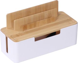 Relaxdays Relaxdays cable box, bamboo, phone&tablet holder, H x W x D: 16x30x13cm, 6-way socket, cable ventilation, natural white