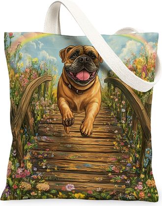 Generic Spring Bullmastiffs Dog Canvas Tote Bag for Shopping 13x15, Country Garden Puppy Reusable Grocery Print Pattern Bag for Women, Fun Flower Pet Beach Ae
