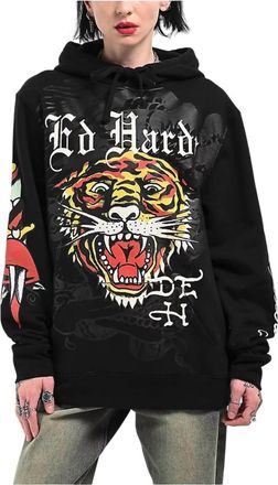 Ed Hardy Tiger Head Rhinestone Hoodie In Black