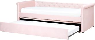 Beliani Cama Nido Tapizada Rosa Pastel 90 X 200 Cm Con Somier Y Cabecero Acolchado De Terciopelo Libourne