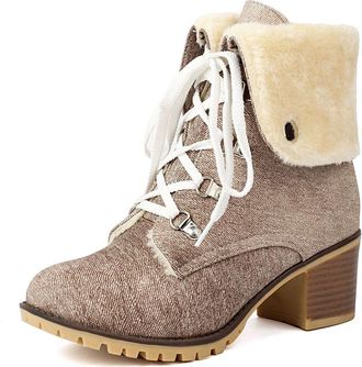 Generic Womens Lace Up Warm Winter Boots Round Toe Denim Short Boots Block High Heel Casual Booties,Brown,4.5 UK