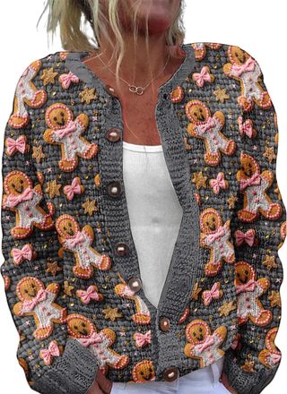 Generic Christmas Cardigan for Women Ugly Funny Xmas Vibes Holiday Tops Casual Long Sleeve Fall Winter Button Down Knit Sweater