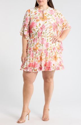 Sugarlips Maldonado Floral Ruffle Trim Dress in White-Pink-Multi at Nordstrom, Size 1 X