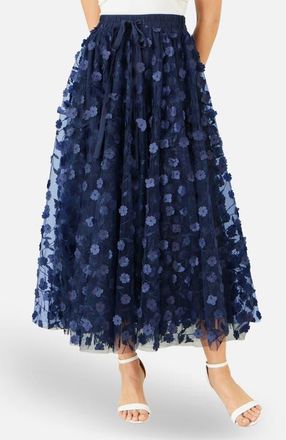 Yumi Mesh Floral Applique Midi Skirt in Navy at Nordstrom, Size 12
