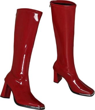 Generic Women Patent Leather Boots Square Toe Block Heel Back Zipper Winter Knee High Boot