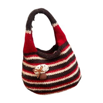 Generic Japanese Style Knitted Wrist Bag, Cute Mushroom Design Retro Bucket Handbag for Women, Soft Polyester Mini Crossbody Shoulder Bag(Red)