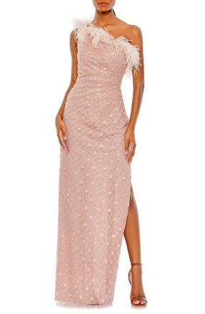Mac Duggal Embellished One Shoulder Gown w/ Ostrich Feathers in Rose at Nordstrom, Size 14