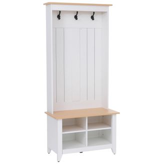 Hhg [nunca Usado] Aparador Hhg-680, Aparador De Pie Con Estante Para Zapatos Y Banco, 3 Ganchos Y 4 Compartimentos, Melamina, 170 X 76 X 39 Cm, Blanco, Na