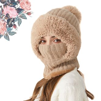 Generic Clockwise Womens Knitted Hat in Autumn and Winter 3 in 1 Cold Resistant Hat, Winter hat Women,Scarf Hat Mask One-Piece Knit Cap (Khaki)