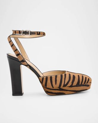 Fendi 110mm Cavallino Tiger Calf Hair Ankle-Strap Pumps