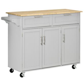 HOMCOM Isla De Cocina Carro De Cocina Con Ruedas Carrito De Servicio Multiusos Con 2 Cajones 3 Puertas Estantes Ajustables Barra Colgante 121x46x91 Cm - Homc
