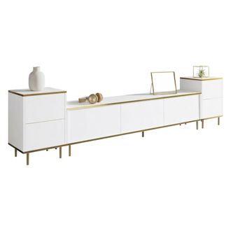 Dmora Mueble Para Tv Cortin, 2 Estantes, 5 Puertas, Con Acabados Dorados, 180x35x45h Cm Blanco