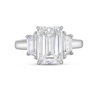 Diana M. Jewels Platinum lab grown 15ct emerald diamond ring with trapezoids on the sides