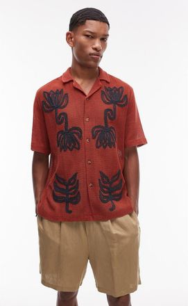 Topman Oversize Floral Appliqué Camp Shirt in Rust at Nordstrom, Size Xx-Large