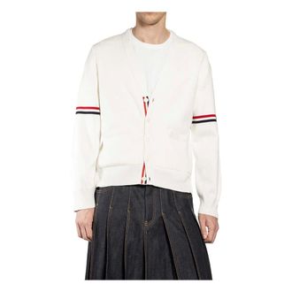Thom Browne Cardigans, male, White, Size: L Cotton Milano Stitch V-neck Cardigan