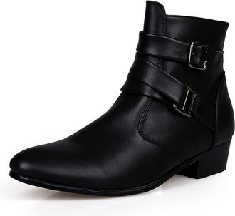 Generic Mens Chelsea Ankle Boots Duble Buckle Side Zip PU Slip On Non Slip Wearable Waterproof Anti-slip Dress Work Pull On(Black,10.5 UK)