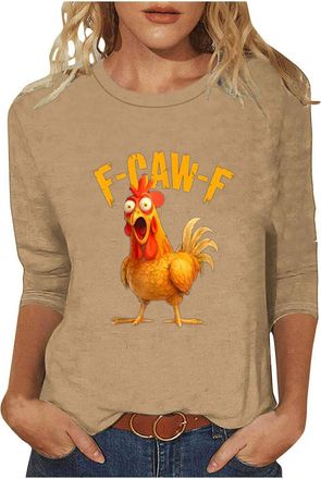 Generic F-Caw-F Tshirt Women Funny Chicken Rooster Scream Humor T-Shirt 3/4 Sleeve Fcawf Tshirt Crewneck Lightweight Blouses Plus Size Casual Loose Shirts Hol