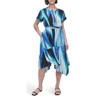 DKNY Print Tie Waist Linen Midi Dress in Caribbean at Nordstrom Rack, Size 10