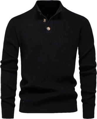Generic Mens Knitted Pullover Buttons Mock Neck Cotton Long Sleeve Solid Color Knit Jumpers Tops Black EUR M 70-80kg