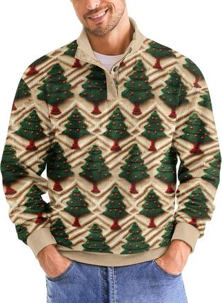 Generic Mens Christmas Sweatshirts Vintage Xmas Knit Print Zip-Up Sweatershirt 3D Printed Long Sleeve Button Pullover Casual Tops