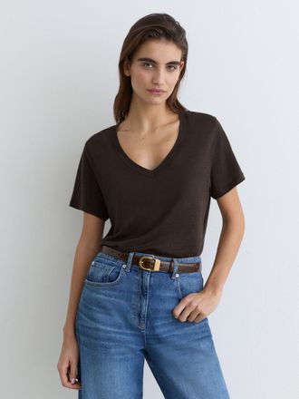 Reiss Chocolate Brown Linen V-neck T-shirt, XS