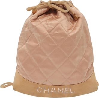 Chanel Vintage Drawstring Backpack Quilted Satin With Suede Pink Satin Backpack Bag (Pre-Owned)