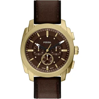 Fossil Machine Chronograph Goldtone Leather Strap Watch, 44mm in Brown at Nordstrom