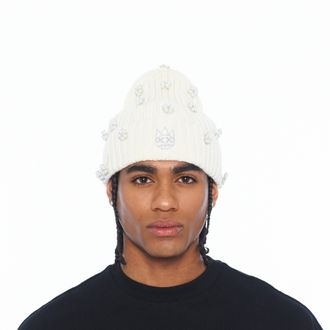 Cult of Individuality Knit Hat All Over Crystals In Winter White