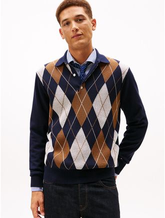 Tommy Hilfiger Mens Argyle Sweater Polo - Navy - M