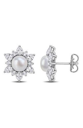 Delmar Cultured Pearl & Lab Grown White Sapphire Halo Stud Earrings at Nordstrom Rack