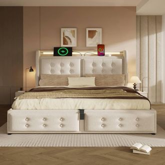 Merax 4ft6 Double Upholstered Linen Storage Bed with LED, Charging Ports in Beige