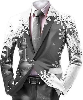 Generic Mens Christmas Suit Jackets Xmas Snowflake Print Lapel Single Button Long Sleeve Jacket Lightweight Slim Fit Leisure Blazer Holiday Party Tops for Chr