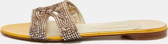 Gina Yellow Leather Crystal Embellished Leather Flat Slides