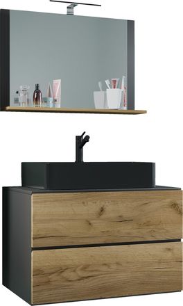 ebuy24 Ebuy24 - Vcm 3 Pcs Lavabo Lavabo Gabinete Inferior Ancho 80 Cm Muebles De Ba&ntilde;o Con Cajones Espejo Lendas M (antracita / Roble Miel)
