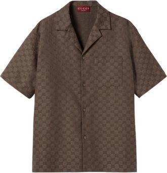 Gucci GG Canvas Linnenmix Bowling Shirt - Heren - Korte mouwen Overhemden - Bruin - S - Linnen - Overhemden