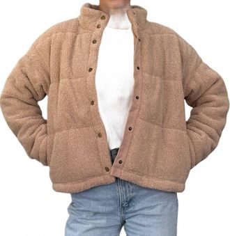 Hem & Thread Teddy Puffer Snap Button Jacket In Brown