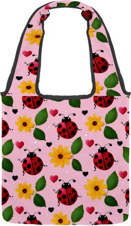 Generic Ladybugs Flowers Pink Reversible Canvas Shoulder Tote - Double-Sided Print, 12oz Cotton, 27cm Drop, Fold-Flat Bag for Travel, Shopping, Street Outings