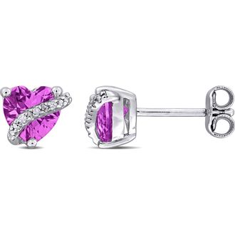 Delmar Sterling Silver Lab Grown Pink Sapphire & Diamond Heart Stud Earrings at Nordstrom Rack