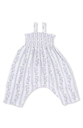 Angel Dear Kimberly Floral Stripe Organic Cotton Muslin Romper in Ivory Blue at Nordstrom, Size 12-18M