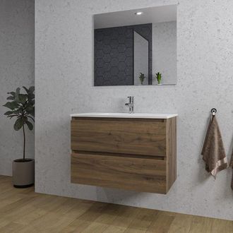 Adema Chaci Badkamermeubelset - 80x46x55cm - 1 keramische wasbak wit - 1 kraangat - 2 lades - rechthoekige spiegel - noten (hout)