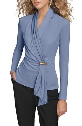 DKNY Wrap Front Long Sleeve Top in Tempest at Nordstrom, Size Medium