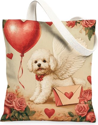 Generic Valentines Day Bichon Frise Dog Canvas Tote Bag for Shopping 13x15, Vintage Puppy Reusable Grocery Print Pattern Bag for Women, Retro Lover Beach Aest