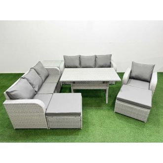Fimous 9 Seater Poly Rattan Outdoor Garden Furniture Rectangular Dining Table Sofa Set Patio 3 Seater Sofa Reclining Chair 3 Seater Sofa Stools Light Grey