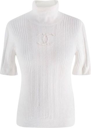 Chanel Faux Pearly and Crystal CC Short Sleeved Ribbed Knit Top Size XS