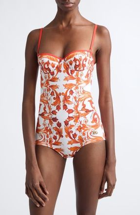 Dolce & Gabbana Majolica Balconette One-Piece Swimsuit in Io3Tn Mix Majolica Orange at Nordstrom, Size 4