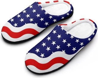 Generic U.S. Wave Flag Cotton Womens Slip-on Slippers Winter Warm House Shoes with Rubber Sole for Home Office Hotel