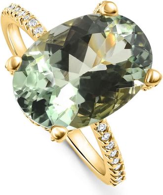 Pompeii3 5 3/4Ct Oval Green Amethyst Diamond Side Halo Ring 14k Yellow Gold Lab Grown
