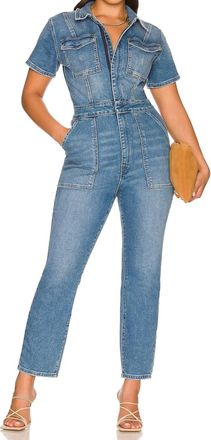 Good American Fit For Success Short-Sleeve Button-Up Jumpsuit In Blue