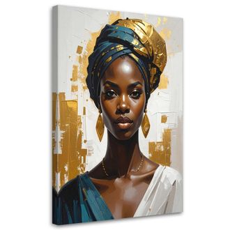Feeby Cuadro Sobre Lienzo, Retrato De Una Mujer Con Turbante Dorado En Estilo Glamour, 80x120